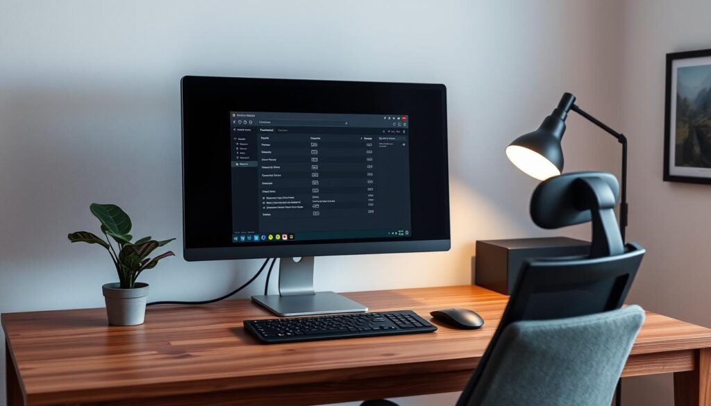 A serene home office setup, with a sleek desktop computer displaying a Minecraft server management interface. The screen is the focal point, surrounded by a tidy workspace - a sturdy oak desk, a comfortable ergonomic chair, and tasteful decor elements like a potted plant and a framed landscape print. Soft, even lighting from a floor lamp and a large window create a tranquil, productivity-enhancing atmosphere. The overall scene conveys a sense of thoughtful organization and attention to detail, reflecting the meticulous process of verifying, troubleshooting, and optimizing a Minecraft server domain setup.