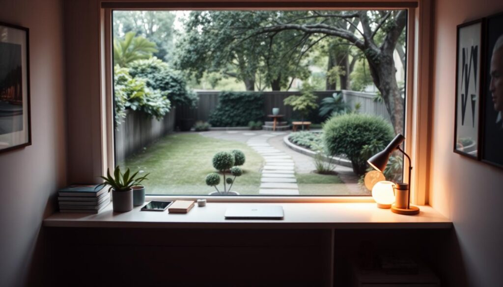 A serene home office, with a large window overlooking a tranquil garden. Soft, diffused lighting from a desk lamp casts a warm glow, creating an atmosphere of contemplation and privacy. The desk is clean and uncluttered, with a laptop and a few personal items, suggesting a space for focused work and personal reflection. The walls are adorned with minimal, modern artwork, contributing to the sense of calm and seclusion. In the distance, lush foliage and a winding path suggest a world beyond, but here, in this intimate sanctuary, the focus is on privacy, productivity, and the preservation of one's digital identity.