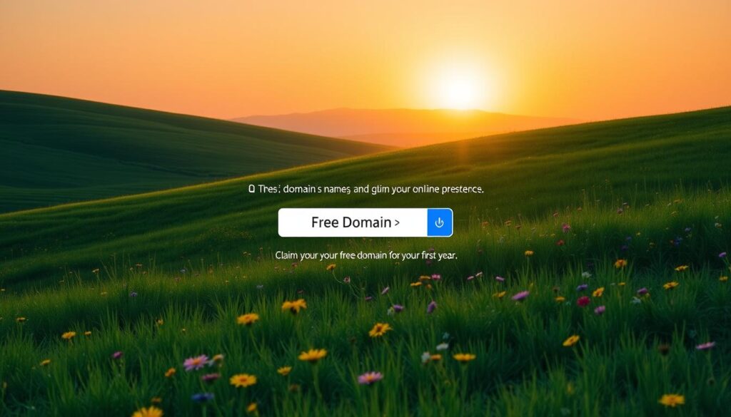 A serene landscape featuring a rolling green meadow dotted with vibrant wildflowers. In the foreground, a modern yet minimalist domain name registration interface with a prominent "Free Domain" button, inviting the user to claim their online presence without cost. The background showcases a warm, golden sunset sky, casting a soft, ethereal glow over the scene. The overall composition conveys a sense of ease, accessibility, and the boundless potential of establishing an online identity, perfectly capturing the essence of the "Costs, renewals, and getting a free domain for your first year" section.