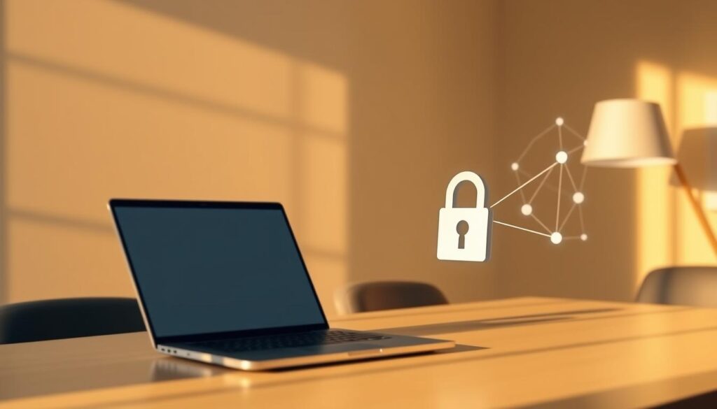 A serene, minimalist office scene with a laptop, a secure lock icon, and a subtle network diagram in the background. Warm, natural lighting illuminates the scene, casting soft shadows. The overall mood conveys a sense of privacy, security, and professionalism, reflecting the "Privacy, security, and compliance built in" theme. The composition is balanced, with the laptop and lock icon as the focal points, seamlessly integrated into the refined, uncluttered workspace.