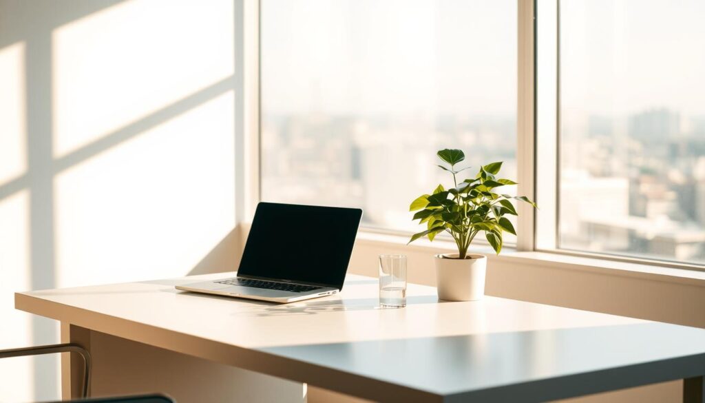 A serene, minimalist office setting with a clean, modern desk and a sleek laptop computer. A lush, green plant and a glass of water sit on the desk, casting soft shadows. The room is bathed in warm, natural lighting from a large window, creating a sense of privacy and tranquility. In the background, a blurred, out-of-focus cityscape can be seen through the window, suggesting a calm, secluded workspace. The overall atmosphere conveys a feeling of security, focus, and digital privacy.