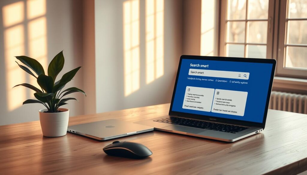 A serene, minimalist workspace with a laptop, wireless mouse, and a plant on a clean, wooden desk. Warm, natural lighting filters in through large windows, casting a soft glow. The desktop display shows a search engine interface, inviting the user to "Search smart" for available domain names, name generator tips, and alternative options. The scene conveys a sense of focus, efficiency, and thoughtful exploration.