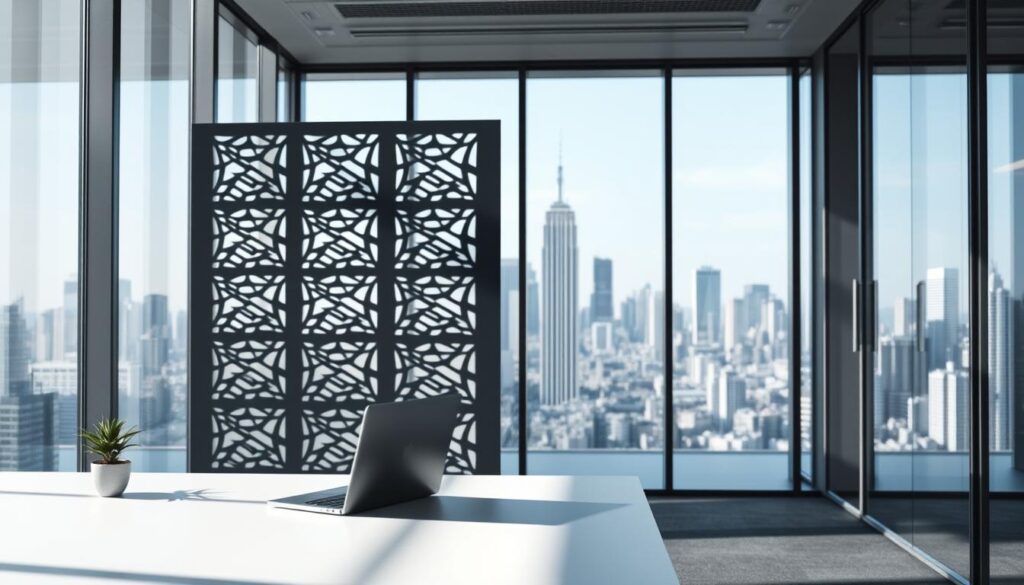 A serene, modern office space with glass walls and floor-to-ceiling windows, flooding the room with natural light. In the foreground, a sleek, minimalist desk with a laptop and a small potted plant. The middle ground features a stylized privacy screen, its geometric pattern casting intricate shadows across the desk. In the background, a cityscape of skyscrapers can be seen through the windows, symbolizing the need for digital privacy in the modern, interconnected world. The overall mood is one of professionalism, security, and the harmonious balance between technology and nature.