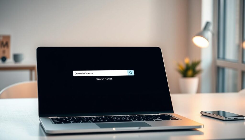 A serene, well-lit desktop scene showcasing a laptop or computer screen with a domain name search interface. The foreground features the search bar, input field, and prominent "Search" button, inviting the user to explore available domain names. The middle ground displays a sleek, modern desktop setup with a minimalist aesthetic, complemented by subtle background elements like a potted plant or stylized office decor. The overall atmosphere conveys a sense of focus, productivity, and the excitement of discovering the perfect domain name for a new project or online presence. Soft, warm lighting from a nearby window or desk lamp creates a welcoming, professional ambiance.