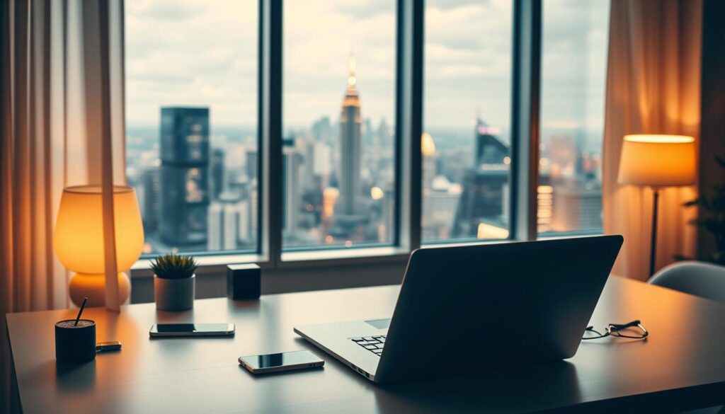 A serene workspace with a laptop, smartphone, and desk accessories arranged neatly. Warm, soft lighting illuminates the scene, creating a cozy, inviting atmosphere. In the background, a large window overlooks a bustling city skyline, symbolizing the endless possibilities of connecting your domain to the world. The composition conveys a sense of focus, productivity, and the excitement of putting your domain to practical use.