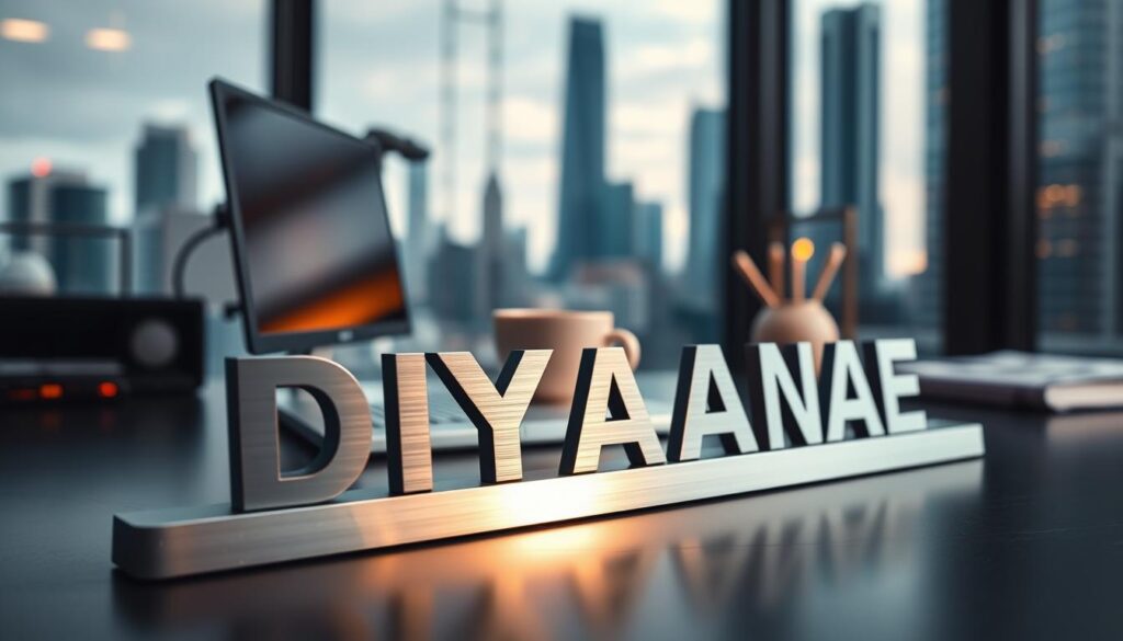 A sleek, metallic domain name plate with a reflective surface sits prominently in the foreground, casting a subtle glow. Behind it, a modern desktop workspace comes into focus, with a minimalist computer setup, a cup of coffee, and a warm, natural lighting illuminating the scene. In the background, a blurred cityscape of towering skyscrapers suggests a vibrant, bustling urban environment. The overall composition conveys a sense of professionalism, innovation, and the importance of securing the perfect domain name for a successful online presence.