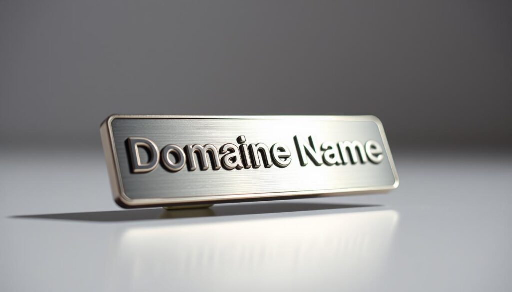 A sleek, minimal close-up shot of a shiny, metallic domain name badge with a crisp, modern typeface in a bold color against a softly blurred background. The badge is positioned at a slight angle, creating a dynamic, professional composition. The lighting is bright and directional, highlighting the texture and shine of the metal surface. The overall mood is one of simplicity, sophistication, and a sense of digital authority.