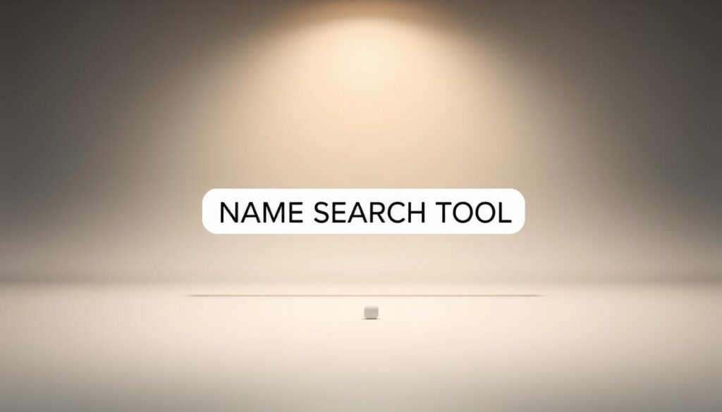 A sleek, minimalist desktop interface with a prominent search bar in the center, surrounded by a clean, neutral color scheme. The search bar is emblazoned with the words "NAME SEARCH TOOL" in a modern, sans-serif font. Subtle gradients and soft shadows create depth and a sense of depth. The background is a calming, out-of-focus blur, allowing the search tool to be the primary focus. Warm, diffused lighting from above casts a gentle glow, creating a professional, user-friendly atmosphere. The overall composition is balanced, inviting the user to engage with the search tool and find their perfect domain name.