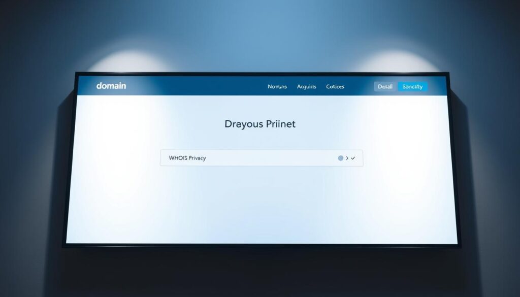 A sleek, minimalist domain registration interface with a prominent "WHOIS Privacy" toggle. Soft, diffused lighting illuminates the screen, casting gentle shadows across the clean layout. The design evokes a sense of professionalism and security, reflecting the importance of protecting personal information when purchasing a domain. The user interface is intuitive, with clear signposting and a focus on simplicity, ensuring a seamless domain acquisition experience.
