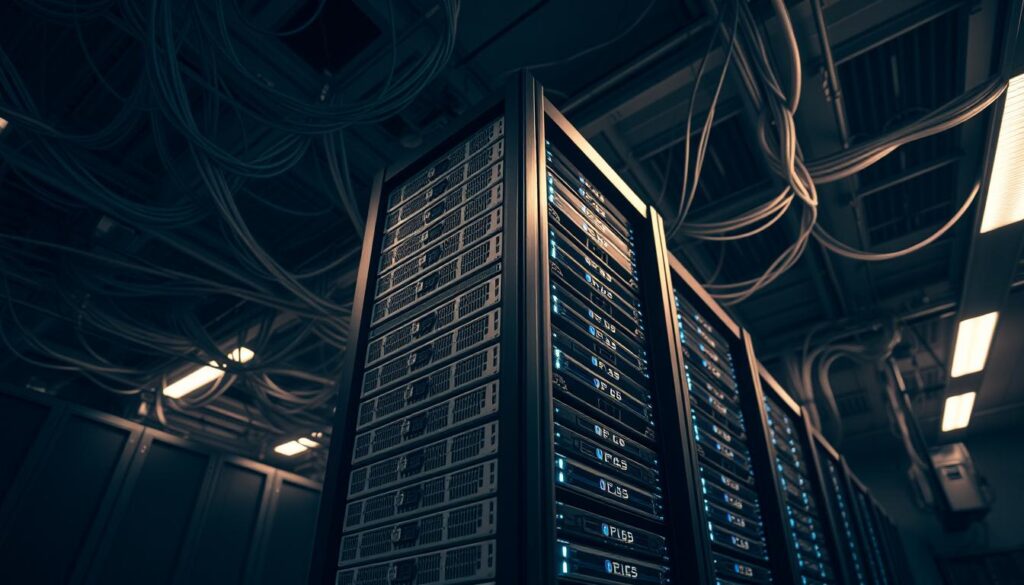 A sleek, modern DNS server rack standing tall in a dimly lit server room. The rack features multiple interconnected servers, each with its own array of blinking lights and cables. The servers are encased in a minimalist black and silver chassis, exuding a sense of technological sophistication. In the background, a sprawling network of cables and conduits snake across the ceiling, creating a visually striking contrast against the muted tones of the room. The lighting is soft and diffused, casting a warm glow on the equipment and creating an atmosphere of efficiency and precision. The overall scene conveys the vital role of DNS servers in the seamless functioning of the internet.