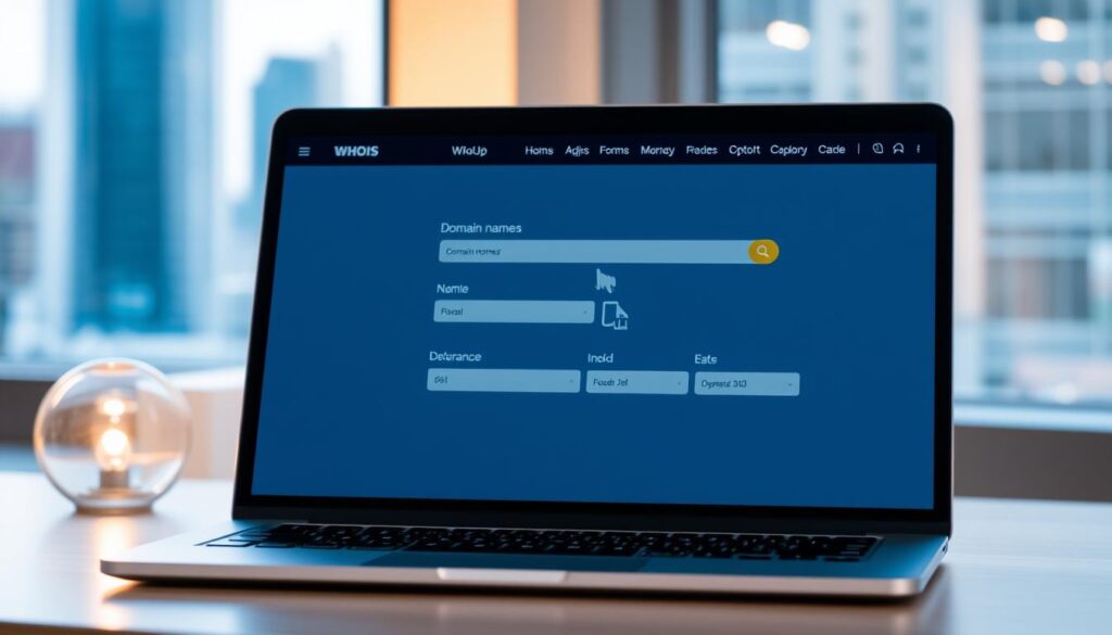 A sleek, modern WHOIS lookup service interface displayed on a laptop screen, bathed in soft, warm lighting. The screen showcases a simple, intuitive design with clear, concise fields for entering domain names. In the foreground, an elegant cursor hovers over the input area, ready to uncover domain ownership details. The middle ground features a discreet, on-brand logo, while the background subtly suggests a professional, yet inviting atmosphere, perhaps with a blurred cityscape or abstract geometric patterns. The overall mood is one of efficiency, reliability, and technological sophistication, perfectly complementing the article's subject matter.