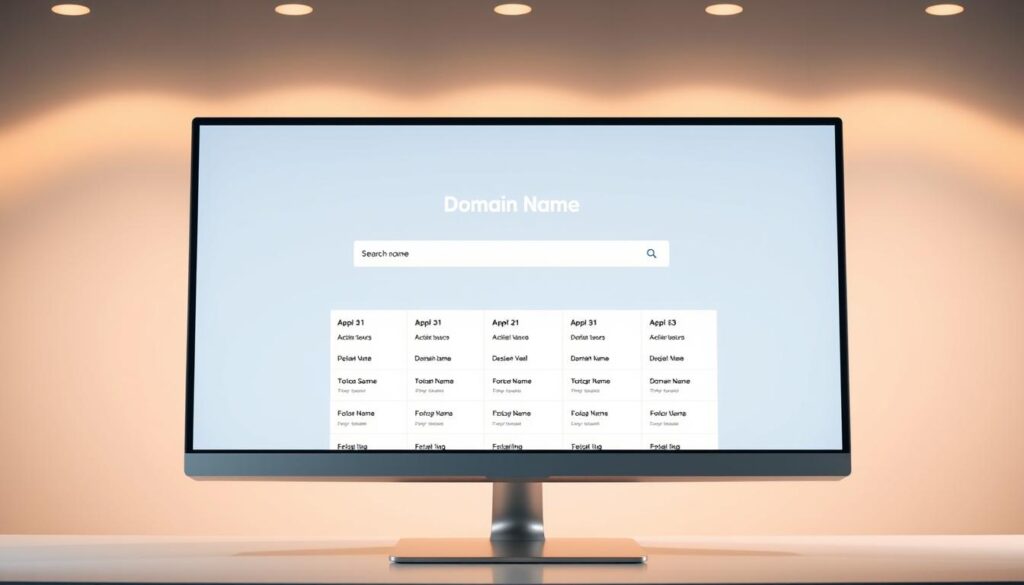 A sleek, modern desktop computer screen displaying an intuitive domain name search interface. The foreground features an elegant search bar with a minimalist design, while the middle ground showcases a collection of available domain name options presented in a clean, organized grid layout. The background gently fades into a soft, neutral-toned workspace, creating a sense of focus and productivity. Subtle lighting from above casts a warm, inviting glow, enhancing the overall professional and streamlined aesthetic. The entire scene conveys a sense of effortless navigation and discovery, perfectly capturing the process of finding the perfect domain name.