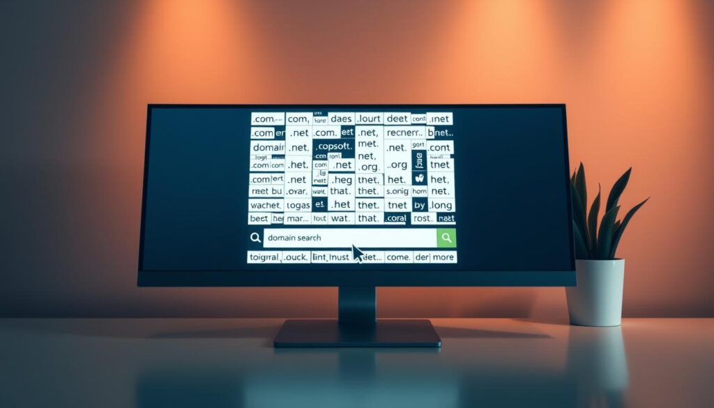 A sleek, modern desktop with a high-resolution computer screen displaying a domain search interface. The foreground features a cursor hovering over a search bar, ready to input a potential domain name. The middle ground showcases a collage of top-level domain extensions like .com, .net, .org, and others, reflecting the search options available. In the background, a minimalist wallpaper with subtle geometric patterns creates a clean, professional atmosphere. Warm, directional lighting illuminates the scene, casting subtle shadows and highlights to convey a sense of depth and sophistication. The overall composition suggests a seamless, user-friendly domain search experience.