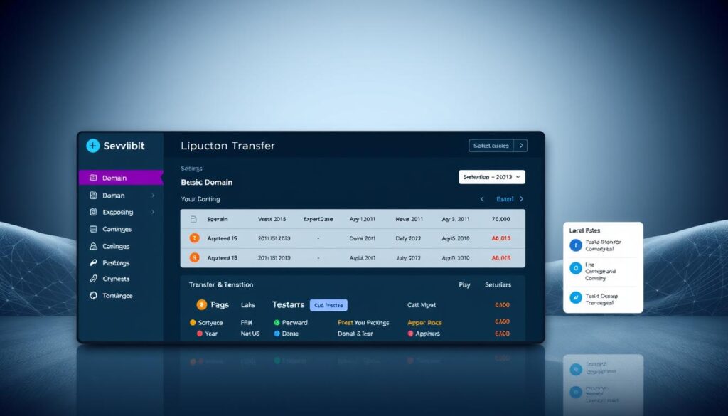 A sleek, modern domain transfer interface showcasing a dynamic dashboard with intuitive controls. The foreground features a clean, minimalist design with bold typography and crisp iconography, highlighting key transfer options and settings. The middle ground presents a comprehensive overview of the domain's history, expiration dates, and transfer status, with smooth animations and responsive UI elements. The background subtly suggests a digital landscape, with subtle geometric patterns and a muted color palette that enhances the professional, yet approachable atmosphere. Precise lighting and camera angles capture the interface's clarity and functionality, conveying the seamless process of domain transfers, forwarding, and multi-year plan management.
