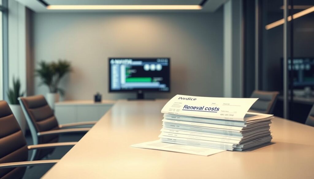 A sleek, modern office interior with a large desk in the foreground. On the desk, a stack of documents and invoices representing the "renewal costs" associated with maintaining a domain name after the first year. The background features a computer monitor displaying a digital interface, suggesting the administrative and technical aspects of domain management. Soft, indirect lighting illuminates the scene, creating a professional and focused atmosphere. The color palette is muted, with accents of grays, blues, and silvers to convey a sense of efficiency and financial responsibility.