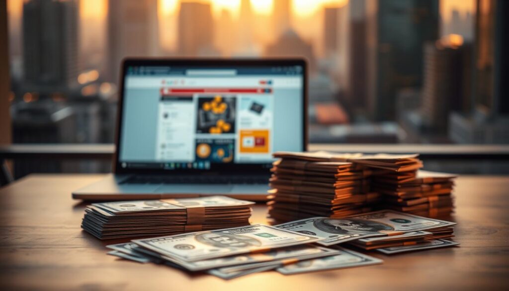 A table with stacks of dollar bills, representing the costs of domain name renewal, sits in the foreground. The table is illuminated by a warm, golden light, casting soft shadows and highlighting the texture of the bills. In the middle ground, a laptop or mobile device displays a website interface, symbolizing the digital aspect of domain management. The background features a blurred cityscape, evoking the idea of a thriving online business landscape. The overall composition conveys a sense of financial responsibility and the importance of managing domain renewal costs for a successful online presence.