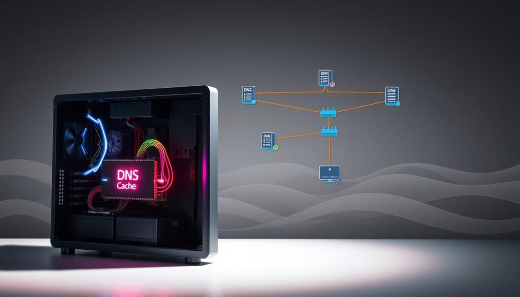 A technical diagram showcasing a DNS cache on a modern desktop computer. In the foreground, a detailed cutaway view of the computer's internal components, with the DNS cache module highlighted and pulsing gently. The middle ground depicts a stylized network topology, with DNS servers, routers, and client devices connected by colorful data cables. The background features a subtle, gradient-based landscape representing the broader internet infrastructure. Lighting is crisp and directional, casting sharp shadows and emphasizing the technical nature of the scene. The overall mood is one of informative clarity, guiding the viewer's understanding of how DNS caching works on a personal device.