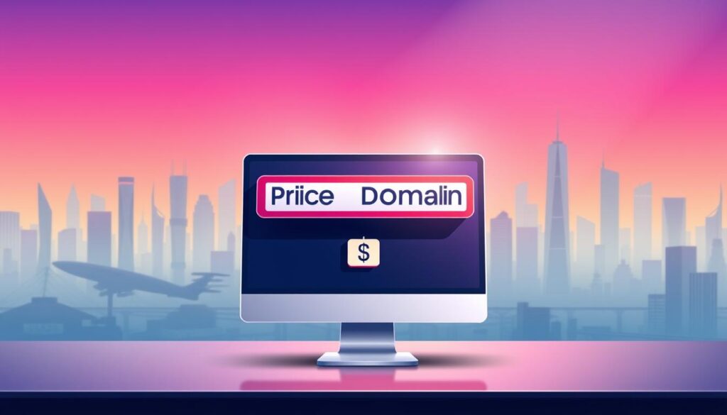 A vibrant and dynamic illustration of a "price domain" concept. In the foreground, a stylized domain name hovers above a sleek, modern computer interface, its value represented by a prominent price tag. The middle ground features a minimalist, geometric layout with clean lines and subtle gradients, creating a sense of balance and sophistication. In the background, a cityscape of skyscrapers and infrastructure reflects the commercial and financial aspects of the domain industry. The lighting is soft and diffused, lending an air of professionalism and authority to the scene. The overall composition conveys the importance of accurately pricing a domain for a successful sale.