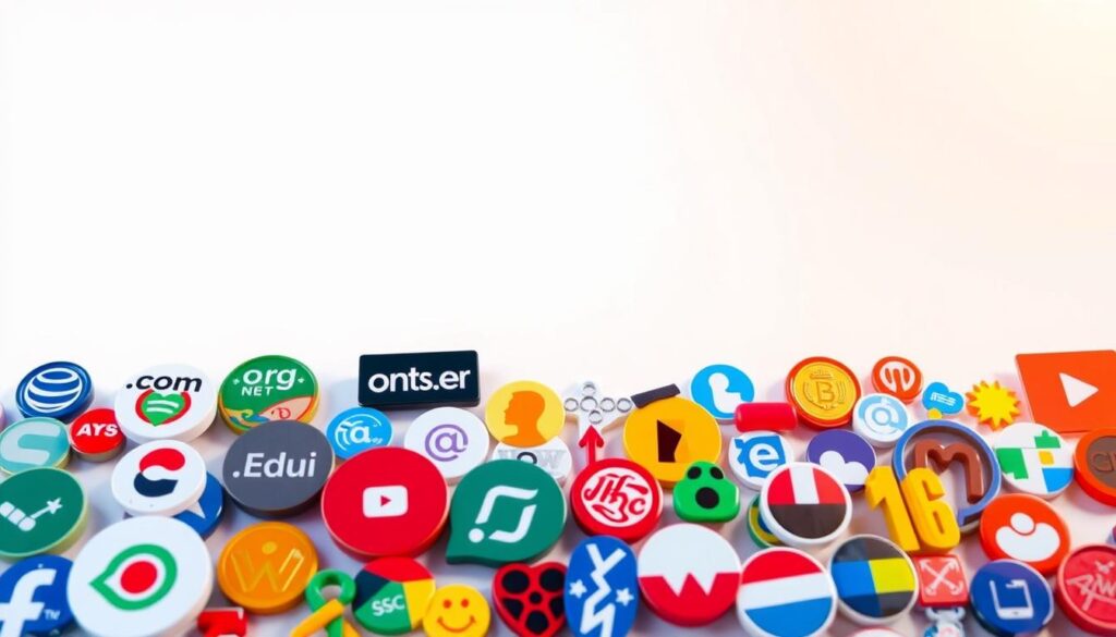 A vibrant collage showcasing various top-level domain (TLD) icons and symbols, set against a clean, minimalist background. The foreground features a diverse array of TLD logos, such as .com, .org, .net, .edu, and country-specific ccTLDs, each rendered in a crisp, high-resolution style. The middle ground displays a subtle grid or network pattern, hinting at the interconnected nature of the domain name system. The background is a soft, neutral tone, allowing the TLD elements to take center stage. The overall composition conveys a sense of digital sophistication and the essential role of TLDs in the modern web landscape. Warm, natural lighting and a slightly angled camera perspective add depth and visual interest to the scene.