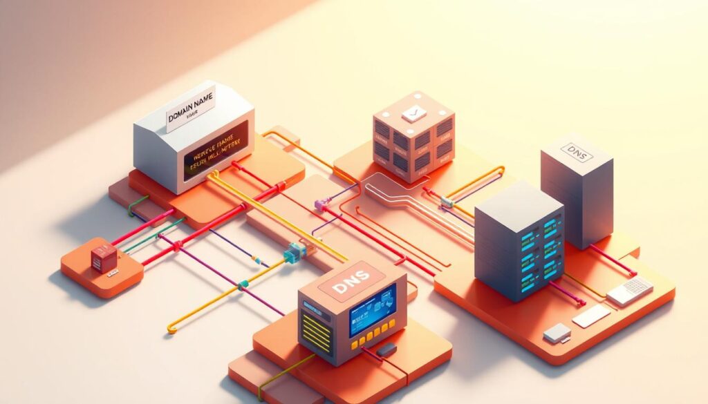 A vibrant, detailed illustration of the domain name system (DNS) and its role in web server connectivity. A three-dimensional, isometric view showcasing the interconnected components: a domain name registrar, DNS servers, and web servers, all linked by colorful data flows. The scene is illuminated by a warm, natural light from above, casting soft shadows and highlighting the technical details. The overall mood is one of clarity and understanding, inviting the viewer to explore the mechanics behind how domain names work on the internet.