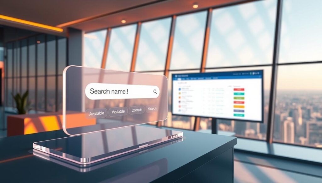 A vibrant, futuristic scene of a domain name search process. In the foreground, a transparent 3D interface hovers over a sleek desk, displaying a search bar and available domain name options. The middle ground features a large monitor showcasing a search results page, with colorful domain extensions and availability indicators. In the background, a panoramic window overlooks a modern cityscape, bathed in warm, directional lighting that casts dynamic shadows across the scene. The overall atmosphere conveys a sense of technology, efficiency, and the endless possibilities of the digital landscape.