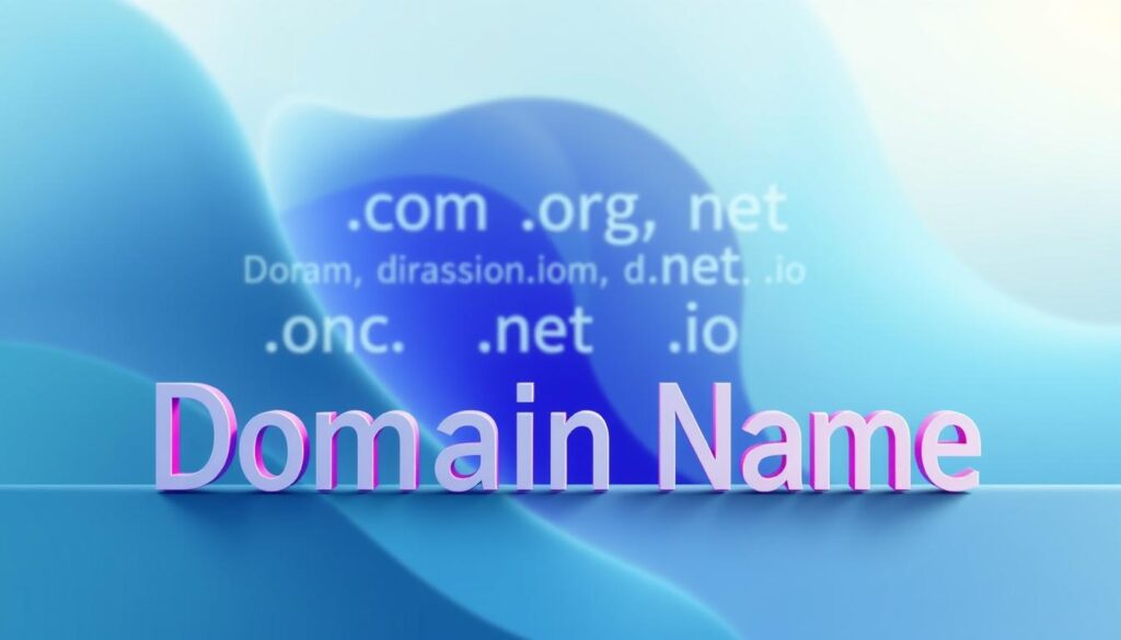 A vibrant, high-resolution illustration of a domain name concept. The foreground features a sleek, minimalist domain name presented in a modern, sans-serif font with a subtle gradient effect. The middle ground showcases a variety of domain extensions like .com, .org, .net, and .io, arranged in a visually appealing layout. The background blends soft, abstract shapes and patterns in a palette of blues, greens, and grays, creating a professional, technology-driven atmosphere. The lighting is soft and natural, with a slight depth of field to draw the viewer's attention to the central domain name. The overall composition is balanced, clean, and designed to effectively convey the essence of choosing the right domain name and extension for a project.