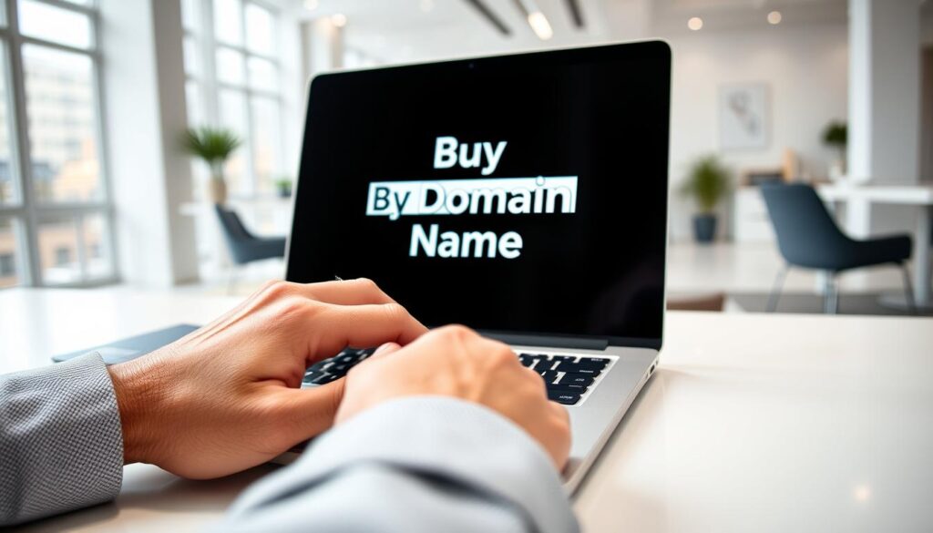 A vibrant, high-resolution image of a person's hands carefully typing on a keyboard, with a laptop screen in the background displaying the "Buy Domain Name" text prominently displayed. The scene is set in a modern, minimalist office environment with clean lines, abundant natural light, and a subtle color palette of grays, whites, and blues. The focus is sharp, the lighting is soft and even, and the perspective is slightly angled to create depth and visual interest. The overall mood is one of focused productivity and the excitement of securing a new online presence.