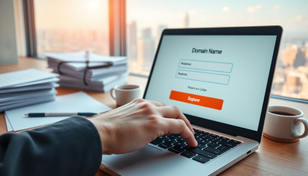A vibrant, minimalist composition showcasing the process of acquiring an internet domain name. In the foreground, a hand hovers over a laptop keyboard, ready to type. The screen displays a domain registration website, its interface clean and intuitive. In the middle ground, a stack of paperwork and a cup of coffee suggest the professional context. The background features a soft, out-of-focus city skyline, hinting at the global reach of the internet. Warm, natural lighting casts a welcoming glow, conveying a sense of ease and efficiency in this everyday task. Angles are slightly elevated to provide an engaging, eye-level perspective.