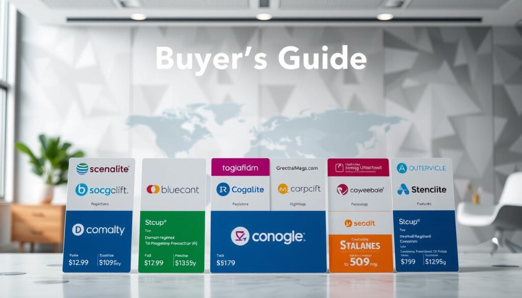 A well-lit, high-resolution image of a buyer's guide showcasing various domain registrars. In the foreground, a selection of domain name registration services are displayed, each with their respective logos, pricing tiers, and feature highlights. The middle ground shows a stylized world map, emphasizing the global reach and accessibility of these registrars. The background features a clean, minimalist office setting with subtle textures, soft lighting, and a sense of professionalism and authority. The overall composition conveys a sense of informed decision-making, guiding the viewer through the process of selecting the right domain registrar for their needs.