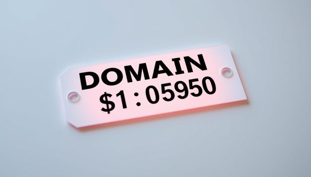A well-lit, high-resolution image of a domain name price tag or sticker, prominently displayed on a clean, minimalist background. The price tag should have a clean, modern design, with clear and legible numerical pricing information. The background should be a solid, neutral color, allowing the domain price tag to stand out and grab the viewer's attention. The overall composition should convey a sense of value, professionalism, and the importance of pricing a domain name effectively for maximum exposure and sales.