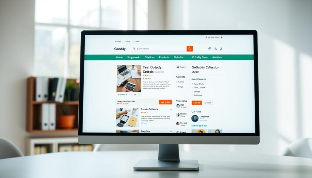A well-lit, high-resolution photograph of a desktop computer screen displaying a GoDaddy domain name listing that has been optimized for search visibility and conversion. The screen shows detailed product information, high-quality images, and a prominent call-to-action button. The background is a clean, minimal office setting with natural lighting from a large window, conveying a sense of professionalism and efficiency. The overall mood is one of clarity, organization, and attention to detail - reflecting the guidance provided in the "Optimize listings, prevent delays, and manage post-sale steps" section of the article.