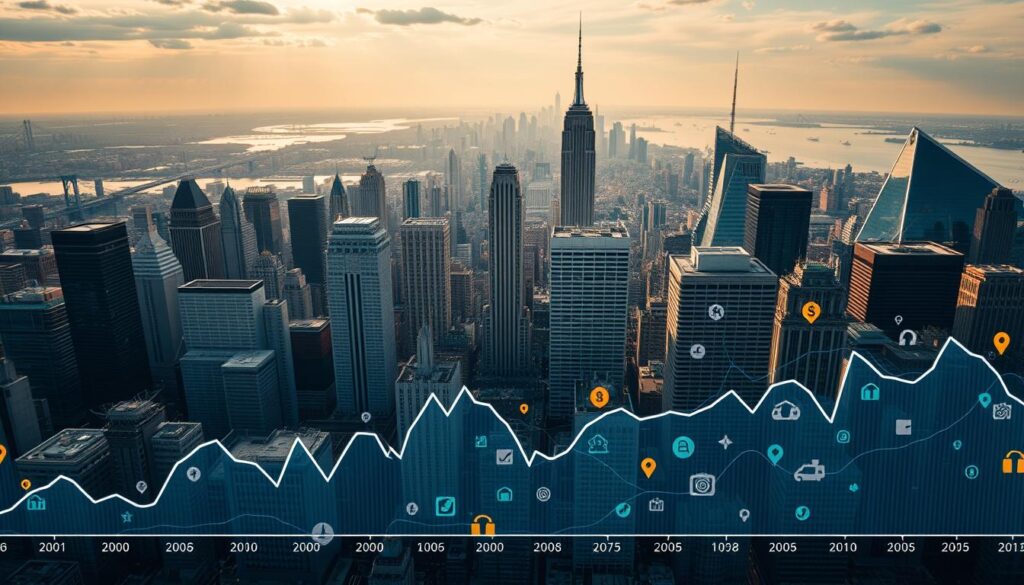 An aerial view of a city skyline, with a focus on the trends in domain value over time. The foreground features a graph depicting the fluctuations in domain prices, with lines and curves representing the ebbs and flows of the market. The middle ground showcases various domain name extensions, each represented by a different colored icon or symbol, to illustrate the diverse options available. The background is a panoramic view of the cityscape, with skyscrapers, bridges, and other urban landmarks, suggesting the broader economic and technological landscape that shapes the domain industry. The lighting is a mix of warm and cool tones, with strategic shadows and highlights to enhance the depth and dimension of the scene. The overall mood is one of data-driven analysis, market insights, and the evolving nature of the domain name ecosystem.