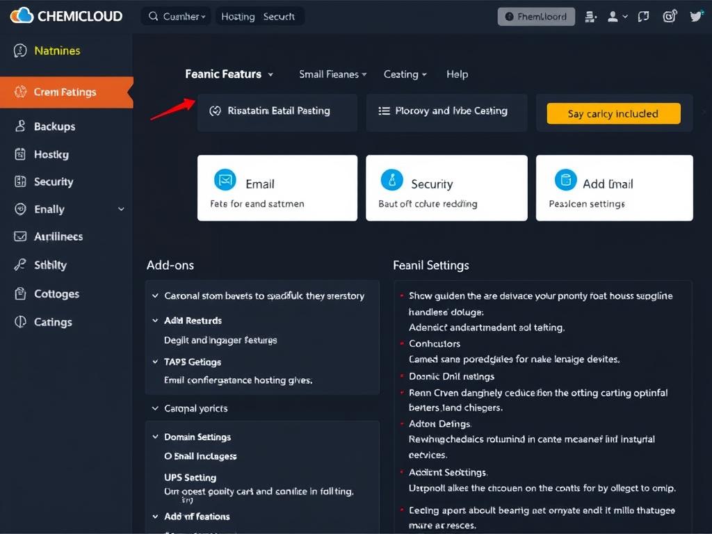 ChemiCloud features dashboard showing available hosting tools and add-ons