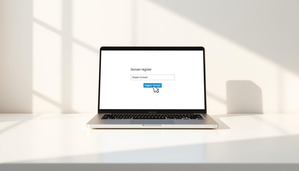 Crisp, well-lit digital illustration of a sleek, modern laptop or desktop computer on a minimalist white desk, the screen displaying a domain registration website with clean, intuitive interface, a cursor hovering over the "Register Domain" button. Warm, natural lighting casts subtle shadows, creating depth and emphasizing the simplicity and elegance of the setup. The overall scene conveys a sense of effortless professionalism and the ease of registering a domain name in the digital age.