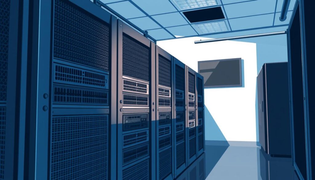 a detailed digital illustration of a server rack with multiple network switches and computers, representing the concept of "name servers" in the domain registration process. The scene is depicted in a clean, modern data center environment with high-contrast lighting, casting sharp shadows to emphasize the technical components. The servers are positioned prominently in the foreground, with a partially visible wall-mounted display in the background providing additional context. The overall mood is one of professionalism and functionality, communicating the importance of reliable name servers in the domain registration workflow.