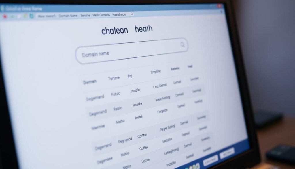 a detailed photo of a domain name search process on a computer screen, with a search bar and a list of available domain names displayed. The screen is well-lit, with a soft, warm glow that creates a calm and focused atmosphere. The domain name search results are presented in a clean, organized layout, with clear typography and intuitive navigation. The overall scene conveys a sense of efficiency, productivity, and the excitement of discovering the perfect domain name for a new project or business venture.