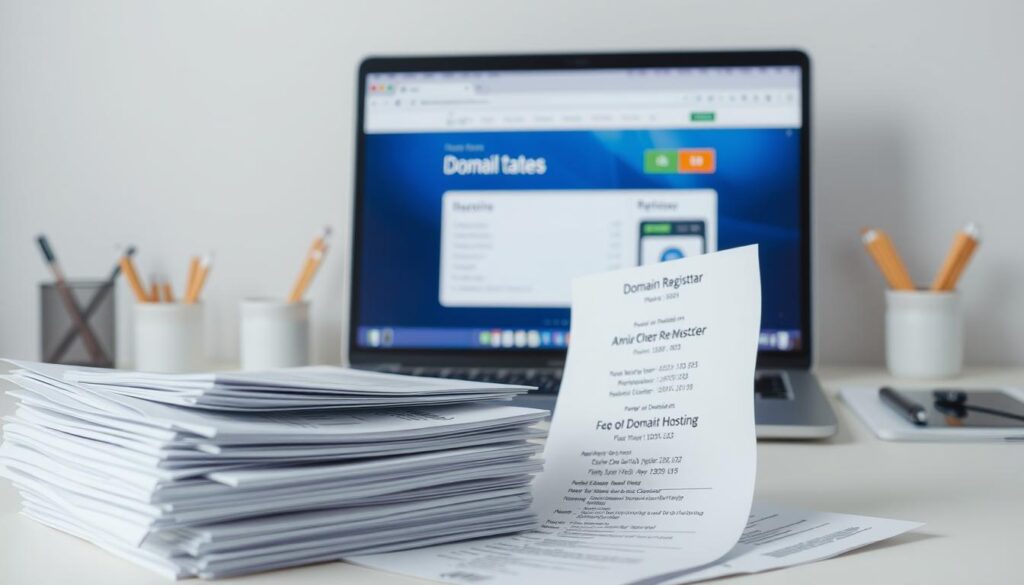 a detailed photo of the various costs associated with buying and maintaining a website domain name, with a clean, minimalist aesthetic. in the foreground, a stack of neatly organized paper documents and receipts representing domain registration, renewal, and hosting fees. the middle ground features a modern laptop or desktop computer with a web browser open to a domain registrar's website, conveying the online aspect of domain management. the background is a plain, uncluttered workspace with simple office supplies, creating a sense of organization and professionalism. the lighting is soft and diffused, casting gentle shadows to add depth and dimension to the scene. the overall mood is one of careful financial planning and attention to detail when it comes to the costs of owning a website domain.