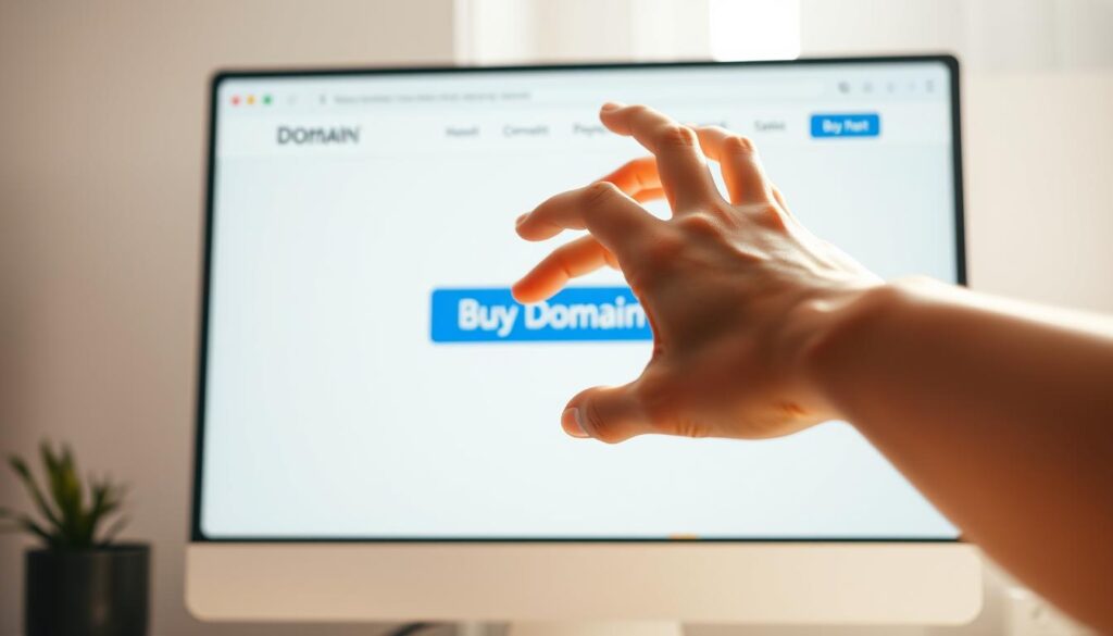 a high-quality, photorealistic image of a person's hand reaching out to purchase a domain name on a computer screen, showcasing a clean and modern website interface with a clear "Buy Domain" button prominently displayed. The scene is bathed in soft, natural lighting, creating a warm and inviting atmosphere. The overall composition should emphasize the simplicity and ease of the domain purchasing process, with the user's hand drawing the viewer's attention to the critical "Buy Domain" call-to-action. The background should be minimalist and uncluttered, allowing the main subject to take center stage.
