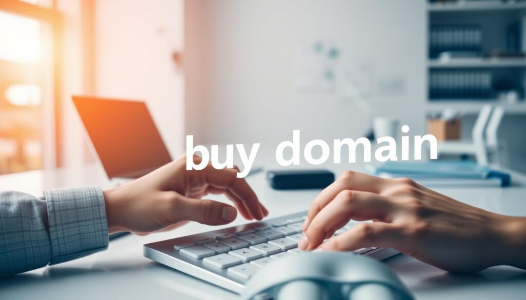 a high-quality, photorealistic image of a person's hand typing &quot;buy domain&quot; on a modern, sleek computer keyboard in a well-lit, minimalist office setting, with a laptop computer and other office supplies visible in the background, conveying a sense of focus and productivity