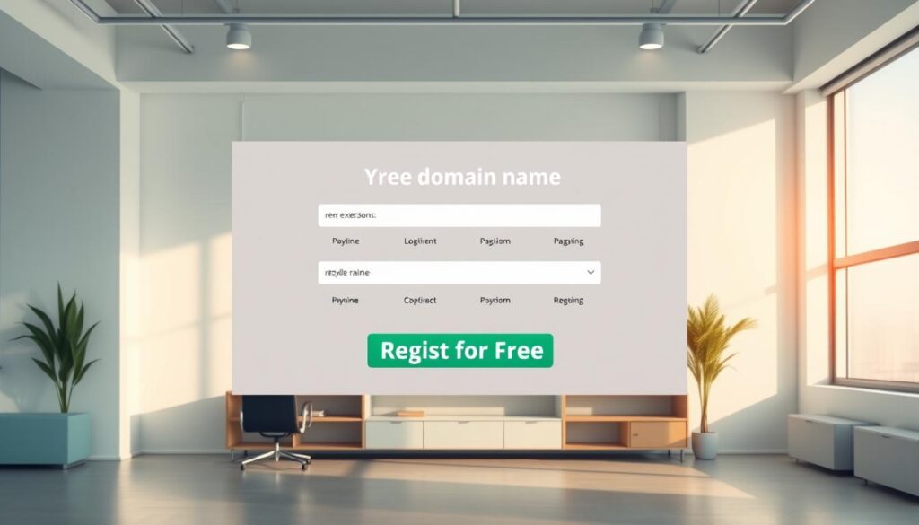 a high-resolution, photorealistic image of a free domain name registration service, with a clean, modern interface showcasing various domain extensions and a prominent "Register for Free" call-to-action button. The scene is set in a minimalist, well-lit office environment with soft natural lighting filtering through large windows, creating a serene and professional atmosphere. The layout is carefully designed with a balanced composition, drawing the viewer's attention to the core offering. The overall mood is one of simplicity, efficiency, and the empowering sense of obtaining a valuable asset at no cost.