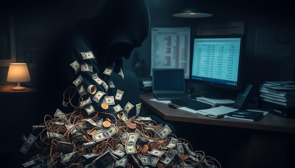 a surreal and unsettling image of hidden fees and unexpected charges, set against a backdrop of an office workspace. In the foreground, a tangled web of dollar bills and coins spill out from a shadowy, amorphous entity, hinting at the deceptive nature of additional fees. The middle ground features a cluttered desk, with a computer screen displaying various financial documents and calculations, highlighting the complexity of domain name pricing. The background is dimly lit, with a sense of unease and tension, evoking the feeling of being overwhelmed by hidden costs. The lighting is dramatic, with dramatic shadows and highlights, creating a sense of depth and mystery. The overall tone is one of unease and uncertainty, reflecting the often-overlooked challenges of domain name pricing.