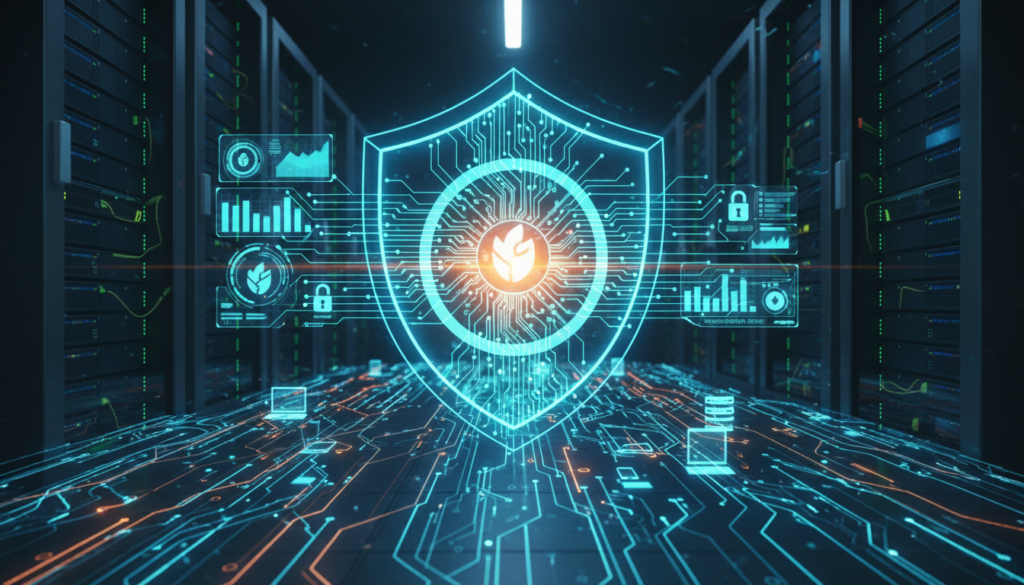 A dynamic digital illustration depicting a futuristic firewall with intricate circuitry and glowing shield patterns, symbolizing robust network security. In the foreground, a virtual, semi-transparent representation of interconnected devices and data streams flows through, highlighting secure connections. In the middle ground, a sleek digital interface with graphical elements like bar charts and firewalls comes to life, evoking a sense of advanced technology. The background features a dimly lit server room, with blue and green LED lights illuminating the shelves of hardware, creating a high-tech atmosphere. The overall mood is authoritative and secure, conveying a sense of safety in the digital realm, as if guarding against unseen threats. The composition is balanced, with a slight low-angle perspective to enhance the theme of technological strength.