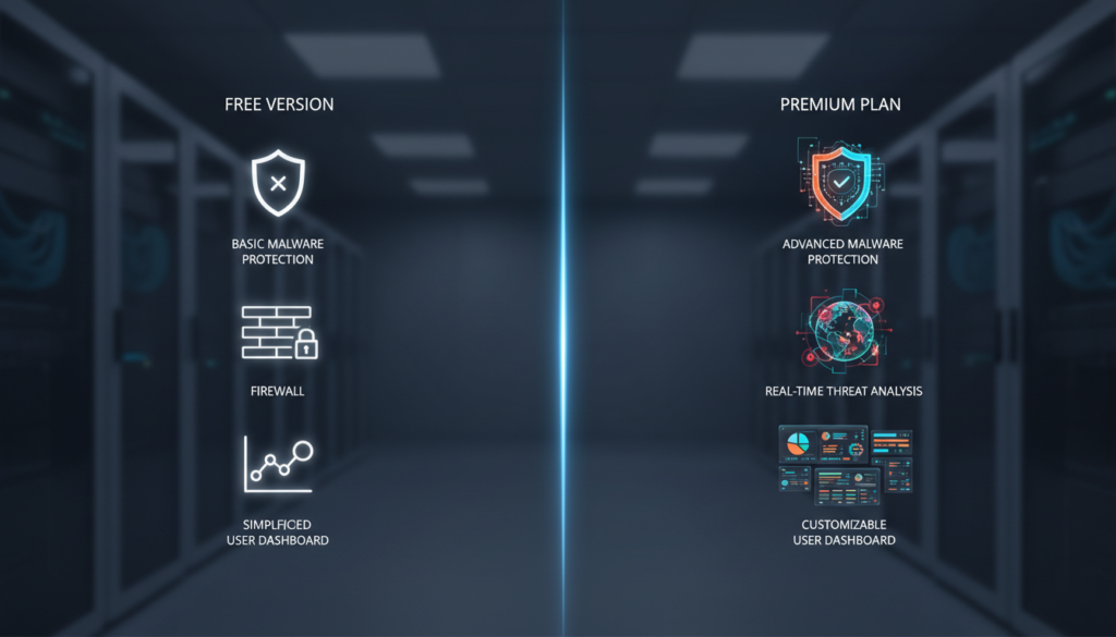 A split-screen visual comparing features of a free version and premium plan for internet security software. On the left side, depict a lightweight, minimalistic interface showcasing basic features like basic malware protection, firewall symbol, and a simplified user dashboard. On the right, illustrate a more complex and vibrant interface with detailed features such as advanced malware protection, real-time threat analysis, and a customizable user dashboard. Use soft, professional lighting with a slight focus on the features, and a neutral background that evokes a serious tech environment. The mood should be analytical and informative, hinting at a contrast between simplicity and advanced functionality, depicting the essence of cybersecurity offerings.