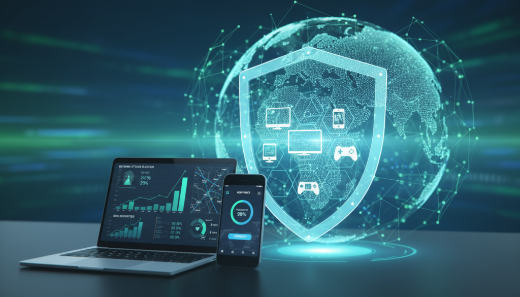 A visually striking image depicting multi-platform protection and VPN features. In the foreground, a sleek laptop and smartphone display charts illustrating network security and privacy stats, while a tablet shows a user interface of a VPN application. In the middle, a graphical representation of a digital shield encompassing various devices, symbolizing protection across platforms. The background features a translucent globe with interconnected lines, indicating global security. Soft blue and green lighting evokes a sense of trust and professionalism, capturing a high-tech atmosphere. The image is shot from a slight angle, providing depth, emphasizing the importance of data protection in modern tech environments. Bright yet subtle lighting creates an inviting and secure ambience, suitable for a tech-savvy audience.