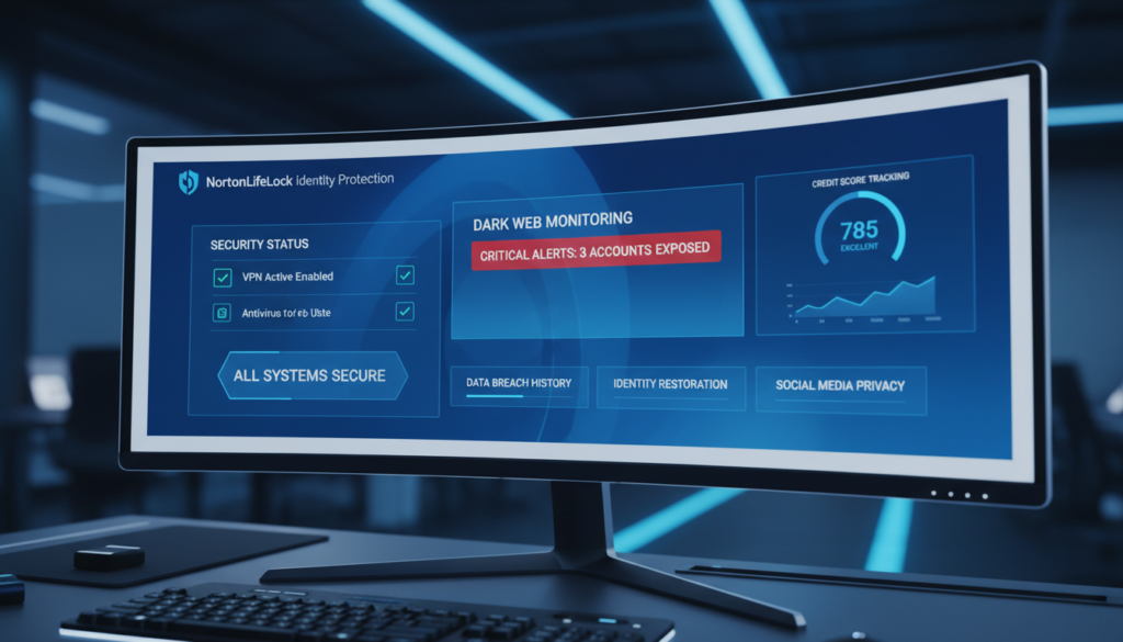NortonLifeLock Review 2026 dashboard showing identity theft protection features